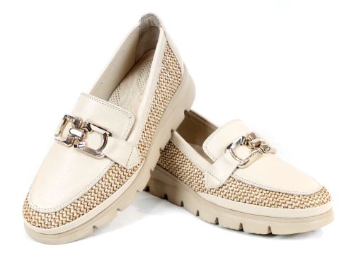 Ravena Sola – loaferi damă din piele naturală și material textil, bej