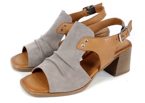 Belle Allure – sandale damă din velur natural și piele naturală în vizon și tabac