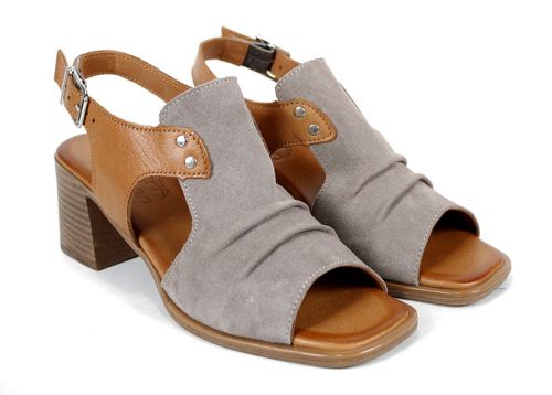 Belle Allure – sandale damă din velur natural și piele naturală în vizon și tabac