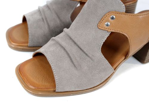 Belle Allure – sandale damă din velur natural și piele naturală în vizon și tabac