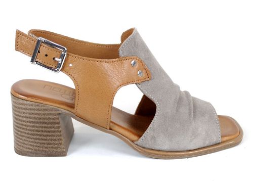 Belle Allure – sandale damă din velur natural și piele naturală în vizon și tabac