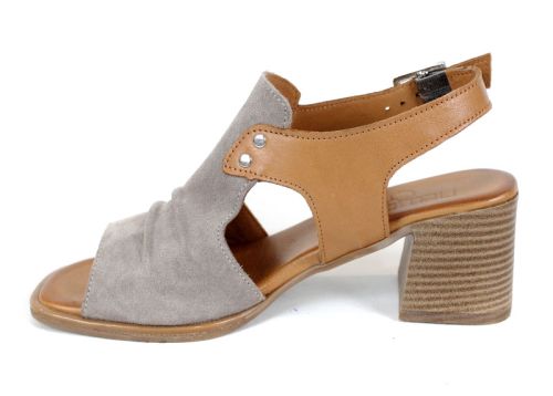 Belle Allure – sandale damă din velur natural și piele naturală în vizon și tabac