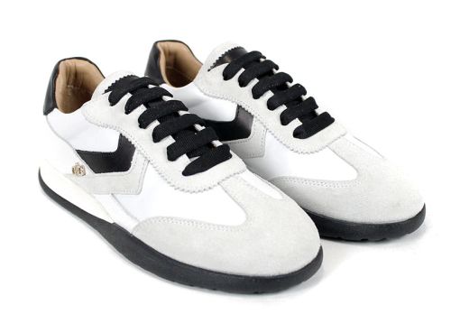 Lunara Belle – sneakerși damă retro din piele naturală și velur alb