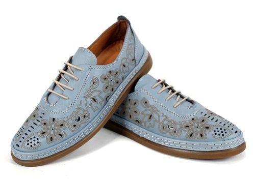 Pantofi de vară Nerisa Flow din piele naturală albastru deschis cu perforații florale