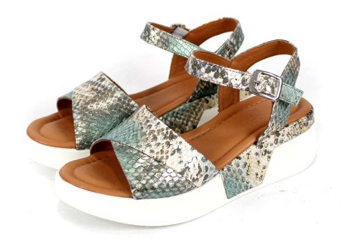 Sandale dama Delora Chic din piele naturală cu imprimeu snake verde