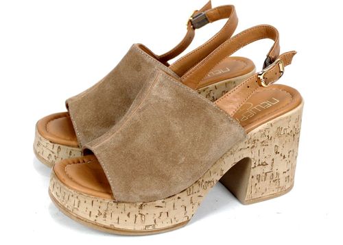 Sabot dama din piele intoarsa naturala maro desert cu platforma si toc gros