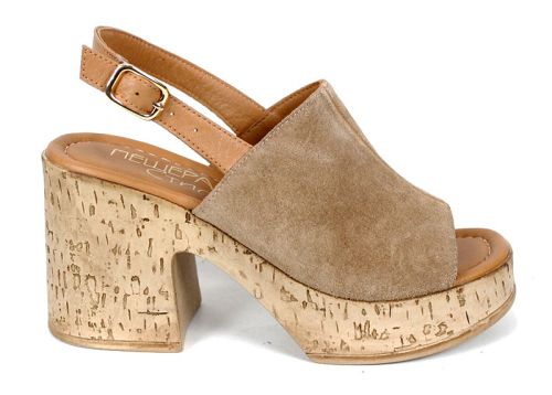 Sabot dama din piele intoarsa naturala maro desert cu platforma si toc gros