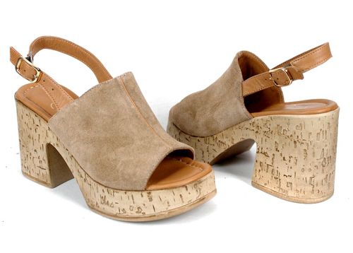 Sabot dama din piele intoarsa naturala maro desert cu platforma si toc gros
