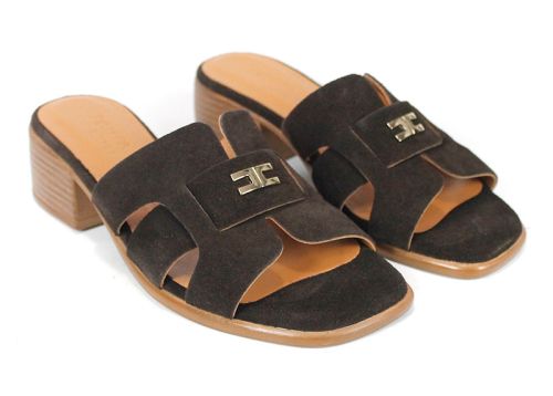 Liora Vento – papuci damă din piele velur în nuanță maro închis cu toc confortabil