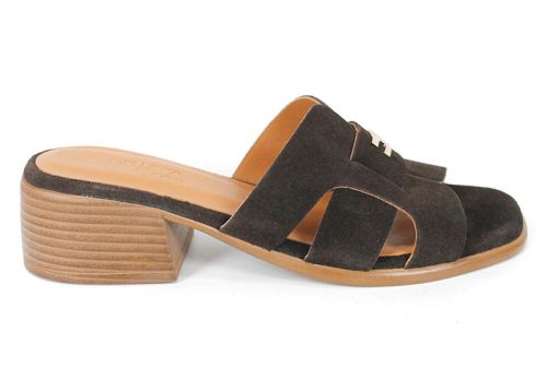 Liora Vento – papuci damă din piele velur în nuanță maro închis cu toc confortabil