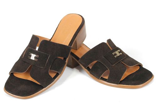 Liora Vento – papuci damă din piele velur în nuanță maro închis cu toc confortabil