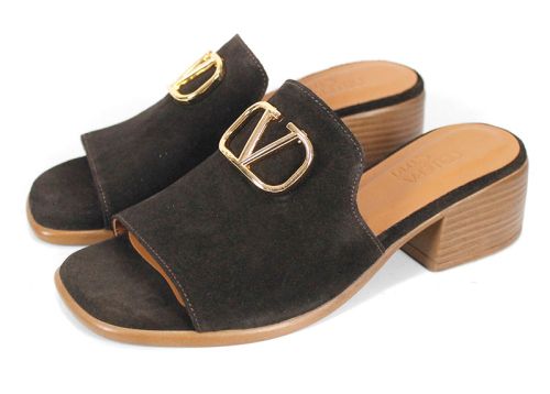 Viora Lume – papuci damă din velur natural maro închis cu toc elegant