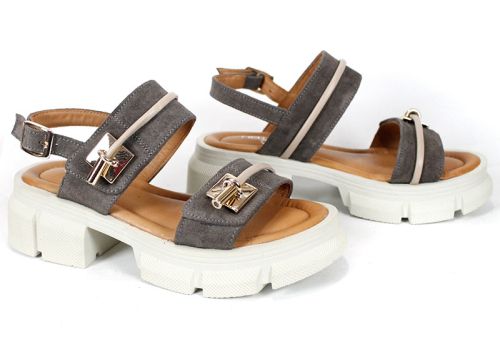 Aveline Lux – sandale damă din piele velur în culoare taupe cu talpă groasă