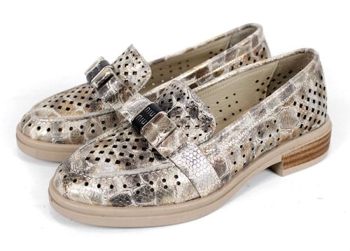 Pantofi damă Pure Motion din piele naturală perforată – vizon cu efect croco și reflexii aurii