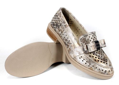 Pantofi damă Pure Motion din piele naturală perforată – vizon cu efect croco și reflexii aurii