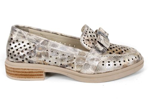 Pantofi damă Pure Motion din piele naturală perforată – vizon cu efect croco și reflexii aurii