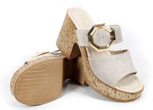 Selena Aria – papuci damă din piele velur bej cu platformă