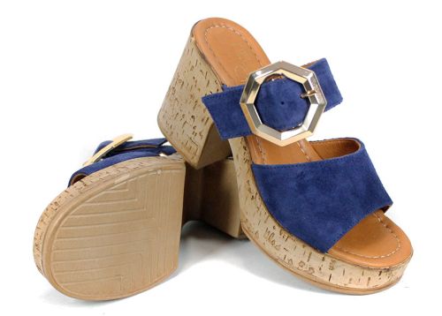 Selena Aria – papuci damă din velur natural albastru cu platformă