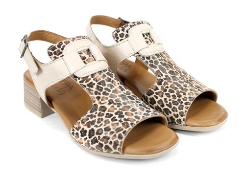 Velina Mode – sandale damă elegante din piele naturală bej cu imprimeu leopard