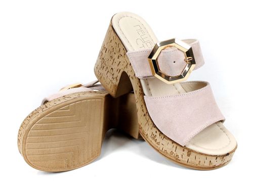 Selena Aria – papuci damă cu platformă din piele velur roz