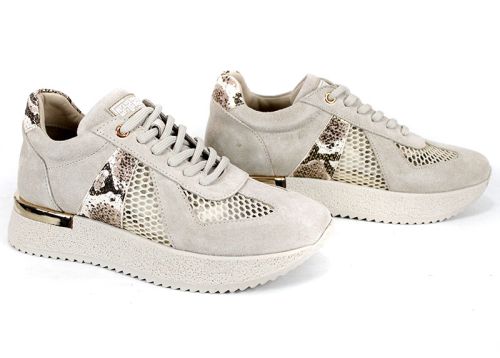 Melora Vanté – sneakers dama din piele velur cu inserții din plasă și accent python în nuanță bej