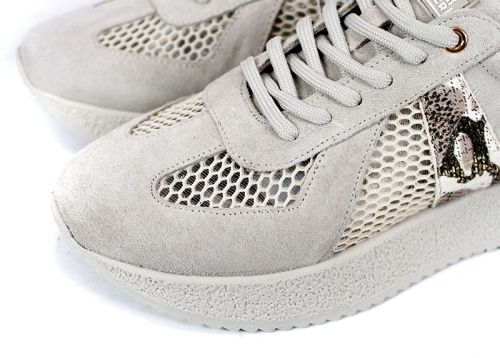 Melora Vanté – sneakers dama din piele velur cu inserții din plasă și accent python în nuanță bej