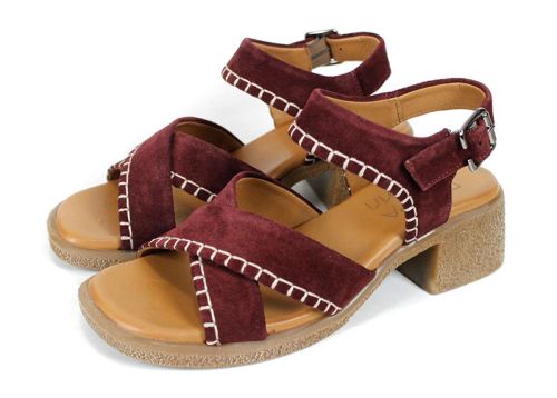 Calista Mare – sandale damă cu toc din piele velur roșu cherry