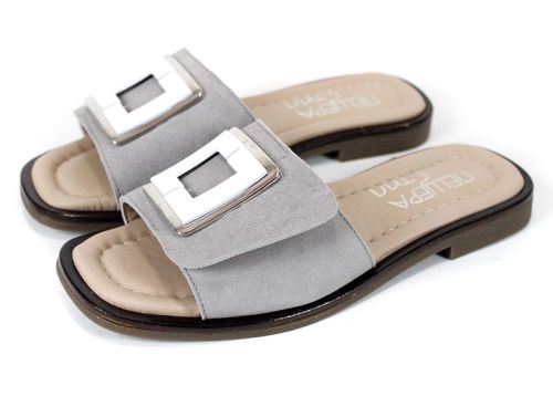 Bianca Morelli – papuci damă din piele velur gri cu accesoriu metalic