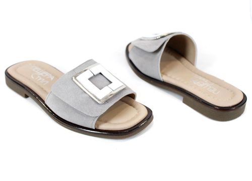 Bianca Morelli – papuci damă din piele velur gri cu accesoriu metalic