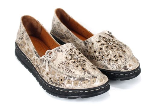 Isabella Ferré – pantofi damă de vară din piele naturală cu imprimeu snake în nuanță vizon (mărimi mari), talpă cusută, branț moale