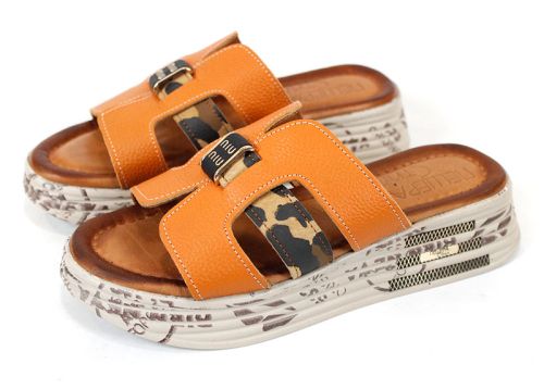 Papuci damă Luna Fiera piele bej cu detaliu leopard