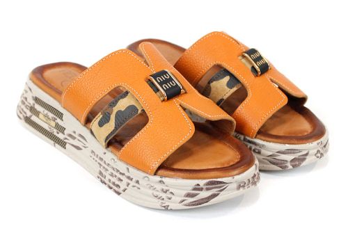 Papuci damă Luna Fiera piele bej cu detaliu leopard