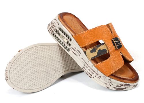 Papuci damă Luna Fiera piele bej cu detaliu leopard