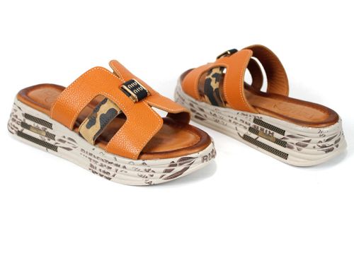 Papuci damă Luna Fiera piele bej cu detaliu leopard