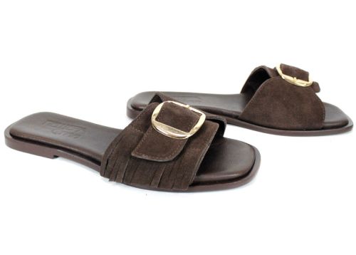 Eloria Vance – papuci dama din piele velur maro închis cu detaliu elegant