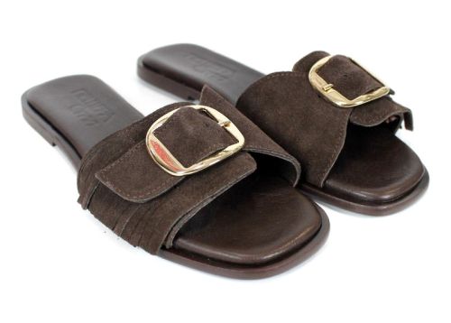 Eloria Vance – papuci dama din piele velur maro închis cu detaliu elegant