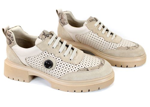 Lunara Core – pantofi damă din piele naturală perforată, bej