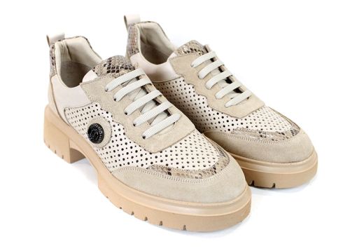 Lunara Core – pantofi damă din piele naturală perforată, bej