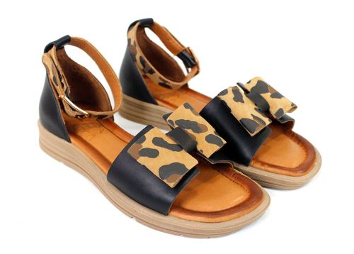 Sandale damă negre Luna Bellini din piele naturală cu accent leopard