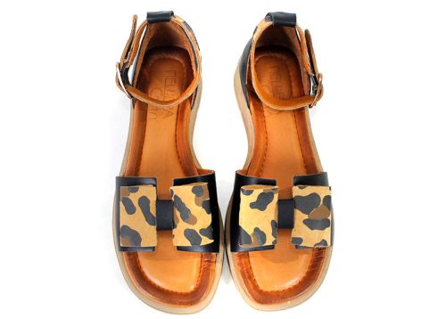 Sandale damă negre Luna Bellini din piele naturală cu accent leopard