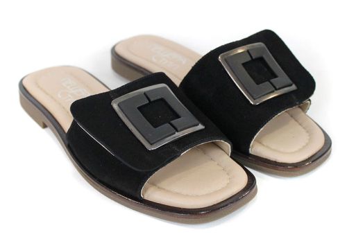 Papuci damă eleganți Bianca Morelli din piele naturală velur negru cu cataramă decorativă