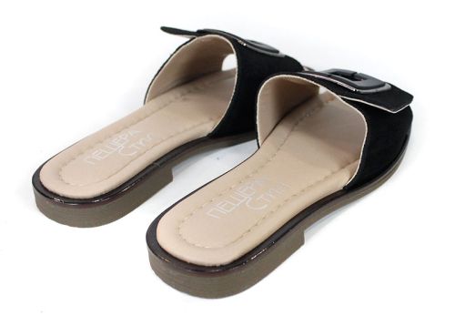 Papuci damă eleganți Bianca Morelli din piele naturală velur negru cu cataramă decorativă