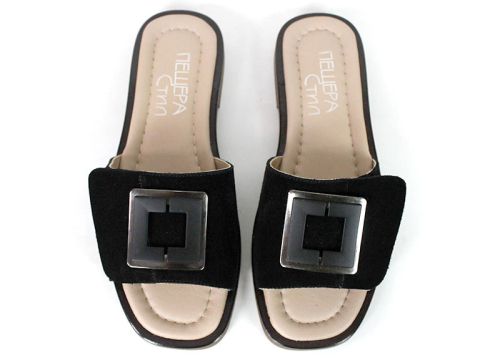 Papuci damă eleganți Bianca Morelli din piele naturală velur negru cu cataramă decorativă