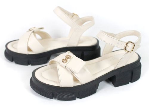 Lunara Mode – sandale damă din piele naturală bej cu talpă neagră masivă