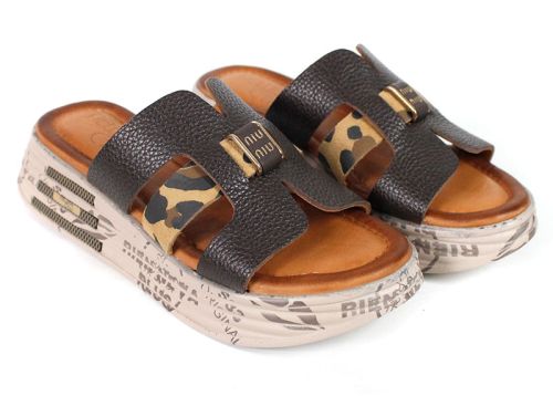 Luna Fiera – Papuci damă din piele naturală maro cu accent leopard și platformă