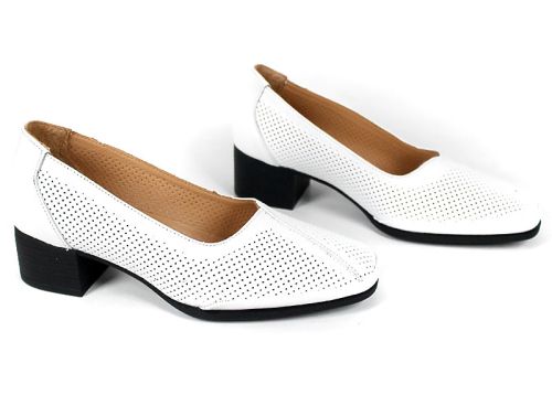 1233BK – pantofi damă din piele naturală albă cu perforații și toc confortabil