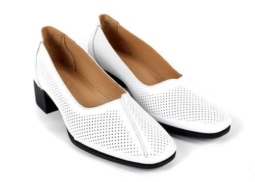 1233BK – pantofi damă din piele naturală albă cu perforații și toc confortabil