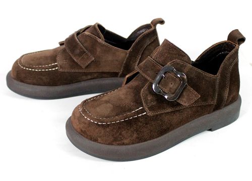 Pantofi casual damă din piele naturală velur maro