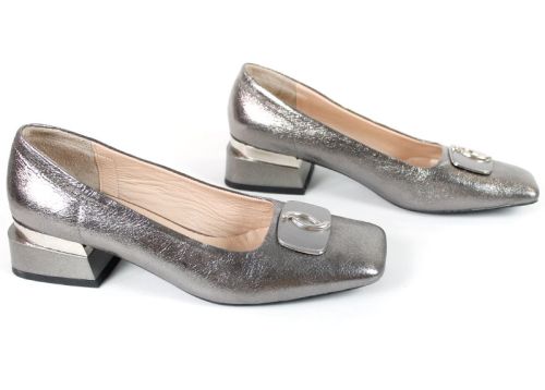 Pantofi damă cu toc mic din piele naturală culoare platină