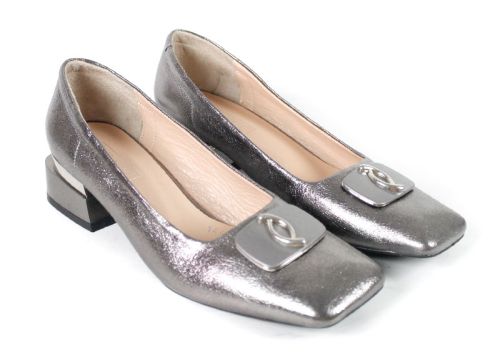 Pantofi damă cu toc mic din piele naturală culoare platină